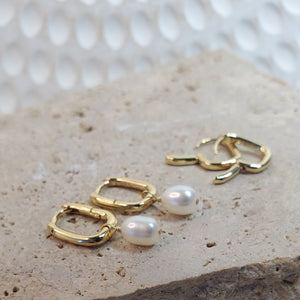 Rectangle Huggies| 14k Gold Vermeil | Sterling Silver| Freshwater Pearl