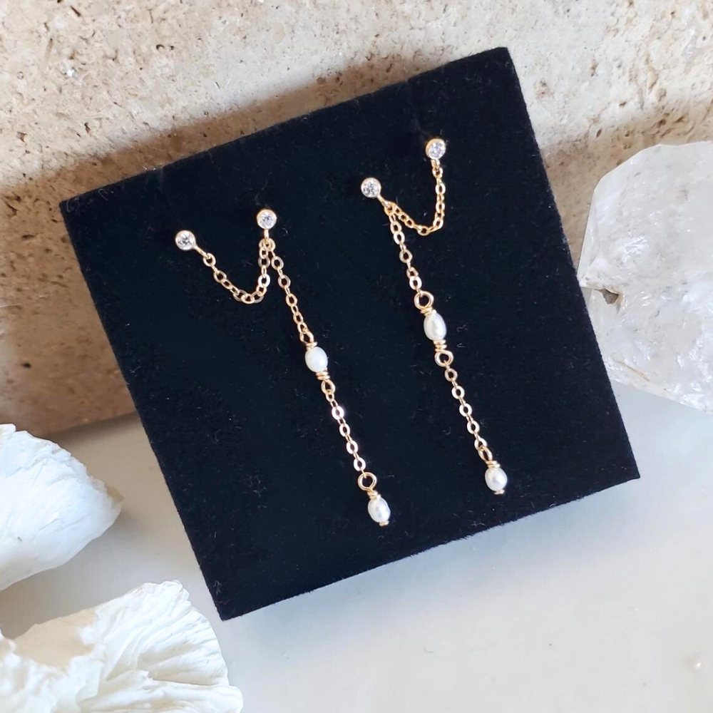Double Stud Chain Earrings 14k Gold Fill CZ Stone Freshwater