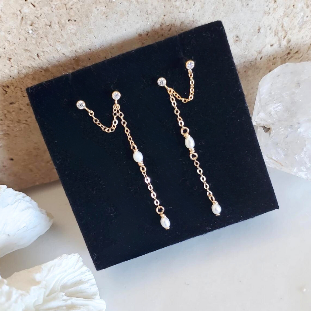 Double Stud Chain Earrings |  14k Gold Fill | CZ Stone | Freshwater Pearl