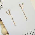 Double Stud Chain Earrings |  14k Gold Fill | CZ Stone | Freshwater Pearl