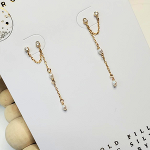 Double Stud Chain Earrings |  14k Gold Fill | CZ Stone | Freshwater Pearl