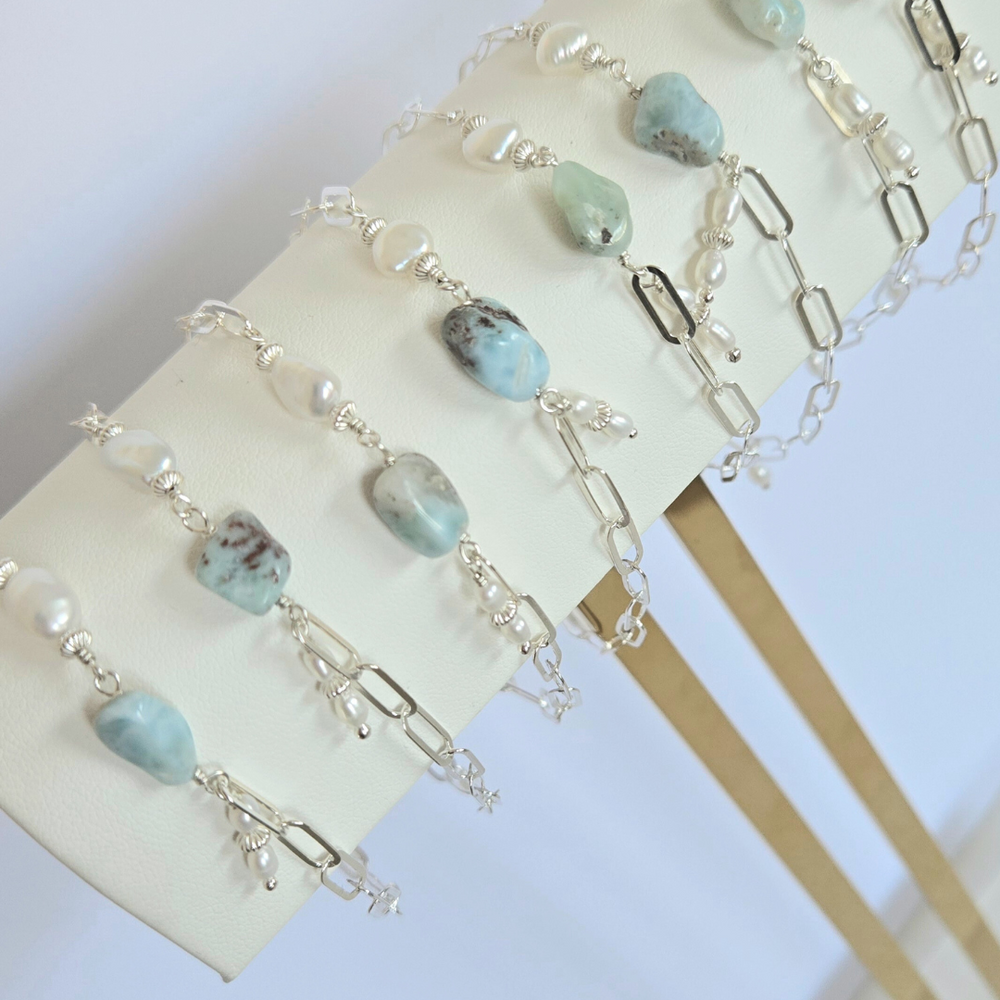 Larimar bracelet | Sterling Silver | Freshwater Pearl