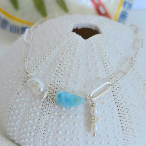 Larimar bracelet | Sterling Silver | Freshwater Pearl