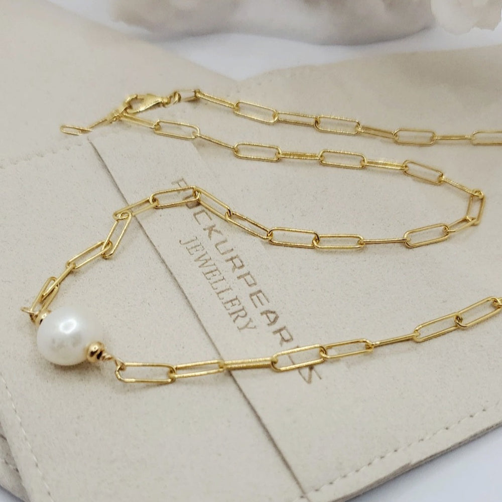 Goddess Paper Link Necklace |  Freshwater Pearl | 18k Gold Vermeil |  Sterling Silver