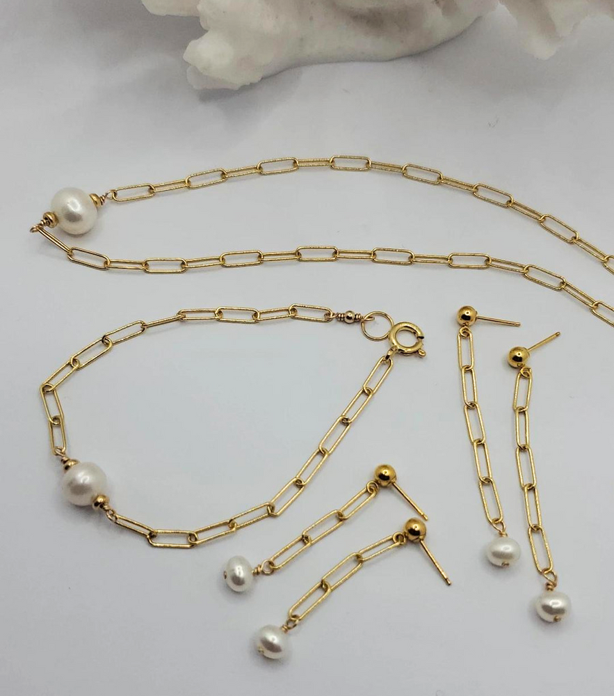 Goddess Paper  Link Bracelet |  Freshwater Pearl | 18k Gold Vermeil |  Sterling Silver