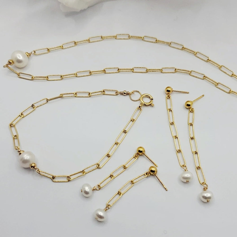 Goddess Paper Link Earrings |  Freshwater Pearl | 18k Gold Vermeil |  Sterling Silver