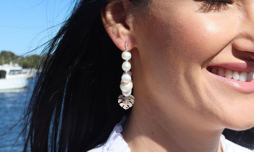 
            
                Load image into Gallery viewer, Monstera Pearl Earrings | Sterling Silver
            
        