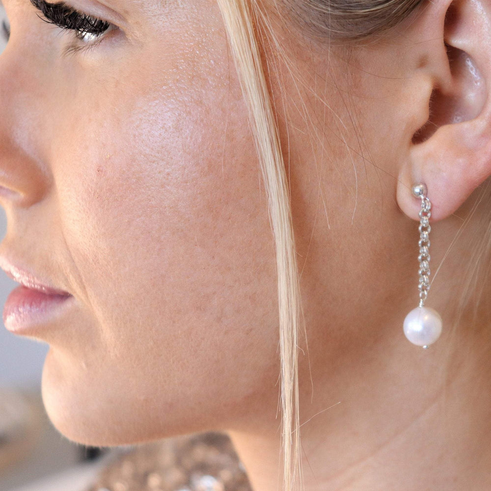 White Pearl Earring | Sterling Silver | Rolo Chain
